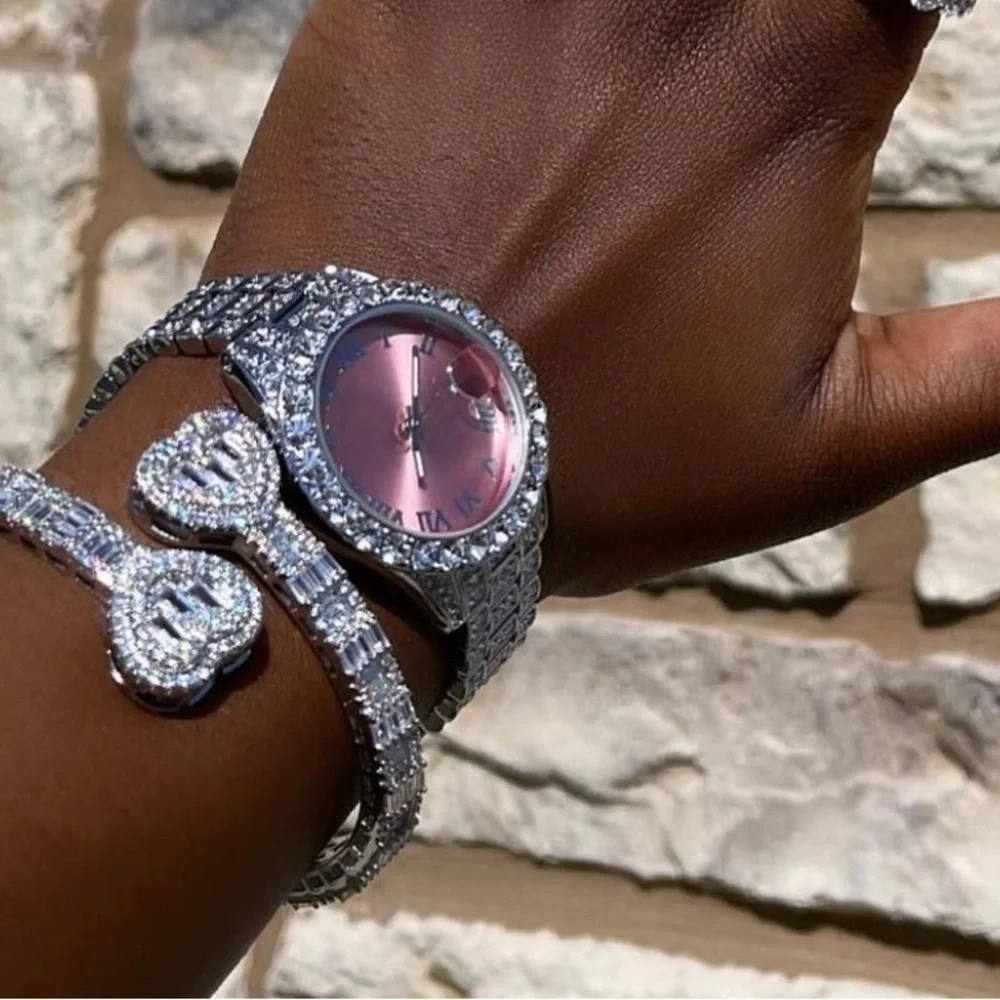 Silver and Pink Women's Watch and heart bracelet Set 7inch